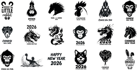 Naklejka premium Collection of 2026 chinese zodiac animals and symbols in a grungy hand drawn style