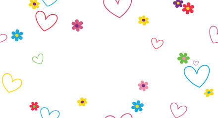 A delightful collection of colorful flowers and charming heart shapes scattered across a pure white background.