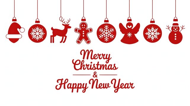 Red Christmas and New Year Greeting with Hanging Ornament Icons