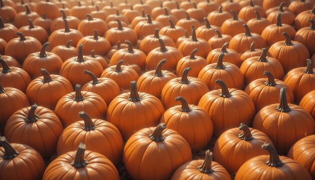 Large grouping of ripe orange pumpkins arranged closely in even rows on display - Powered by Adobe