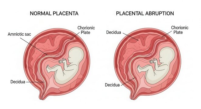Comparing normal placenta versus placenta previa medical diagram for pregnancy illustration