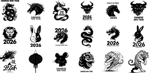 Fototapeta premium Collection of 2026 chinese zodiac animals and symbols in a grungy hand drawn style