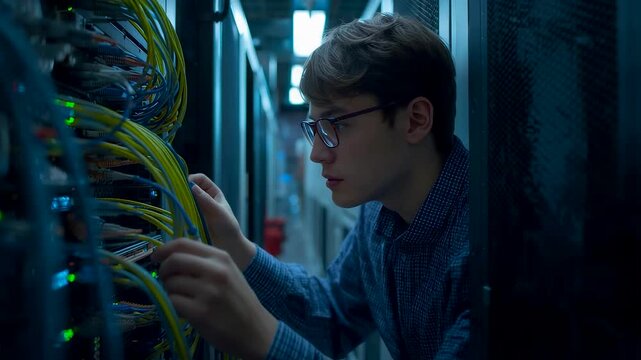 Young IT engineer maintaining server cables in modern data center room