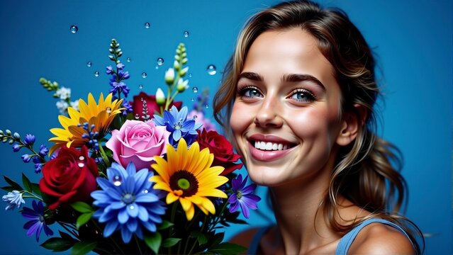 Young woman with messy hair holding a bright colorful bouquet of flowers with water drops on blue background