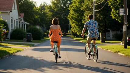 Couple enjoying a leisurely bike ride through a quiet neighborhood street at sunset