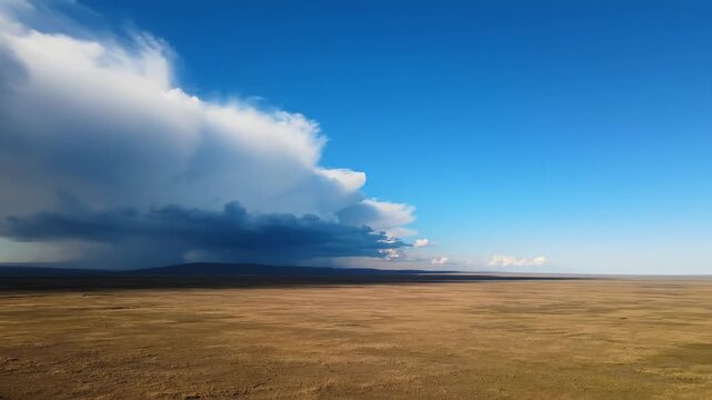 Summer wheat field landscape under a blue cloudscape, stretching to the horizon
