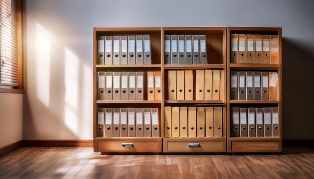 organized record keeping system with cabinet of folders in a room