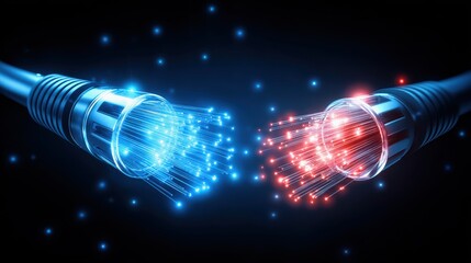 Concept of secure communication using quantum cryptography. Two fiber optic cables emit blue and red light, symbolizing high-speed data transfer in a digital environment.