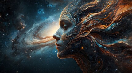 Surreal cosmic portrait of a woman blending with the universe, abstract digital art showing flowing energy, galaxies and ethereal light in vibrant blue and orange tones