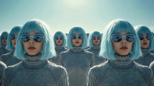 Identical Women with Blue Hair and Silver Sunglasses Standing in Perfect Formation Against Blue Sky