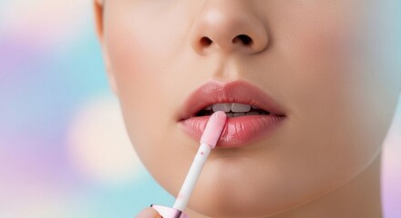 Close-up of a woman applying pink lip gloss on her plump, glossy lips. Skincare and beauty routine.