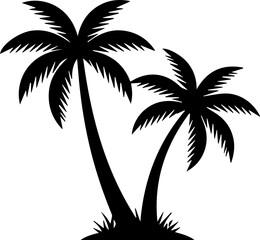 Silhouette of two palm trees with fronds swaying in the breeze on a white background