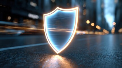 Dynamic Visualization of On-Demand Insurance as a Glowing Shield in Urban Environment Futuristic Perspective Digital Content for Enhanced Security Awareness