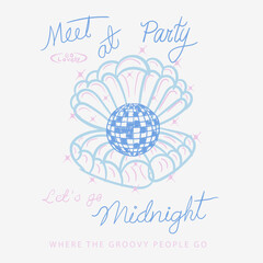 Hand drawn vintage Retro Disco Party Night Poster with Central Disco Ball and party t-shirt design. women tee, beach party night.