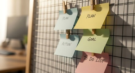 Strategic Planning and Productivity Concept with Colorful Sticky Notes (Plan, Goal, Action, To Do List) pinned on a wire grid board in a modern off...