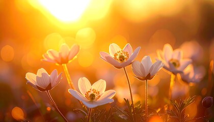 White flowers glow in a warm, golden, sun-drenched field with soft, blurred background bokeh