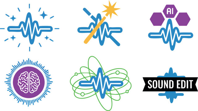 Audio wave sound editing and artificial intelligence technology icons in vector format for creative digital design and sound manipulation techniques