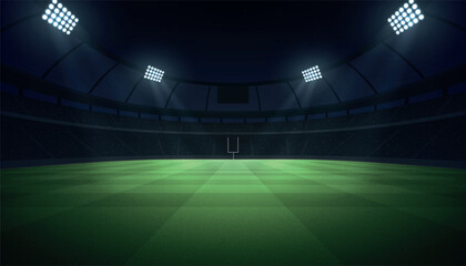 Illuminated football stadium at night with grass field, goal post, and spotlight beams. © magr80