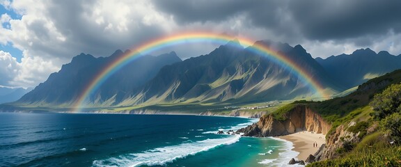 Stunning vibrant rainbow arching over dramatic coastal cliffs and serene ocean waters under moody