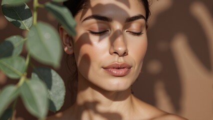 Close-up portrait of young woman with flawless skin and natural makeup, eyes closed, soft plant shadows on face.