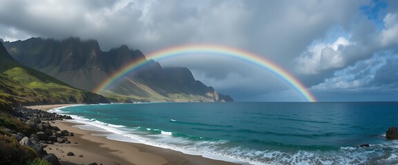 A vibrant rainbow arching over a rocky coastline with dramatic mountains and ocean waves under a