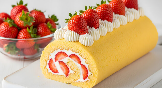 Delicious strawberry swiss roll cake with fresh strawberries and whipped cream