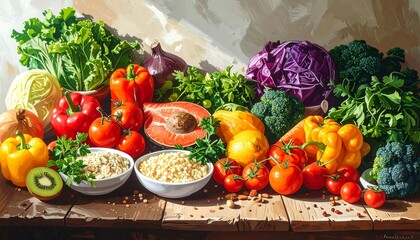 Vivid still life of assorted vegetables and fruits on a rustic wooden surface in bright, sunny lighting