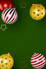 Christmas pickleball ball ornaments and star decorations on green background for holiday celebration. 3d rendering