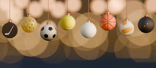 Sports theme christmas ornaments featuring various sports balls hanging as holiday decorations. 3d rendering