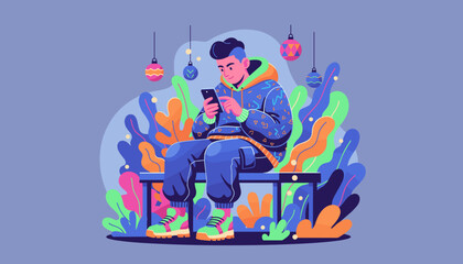 Young man uses smartphone on bench in a modern vibrant setting with decorative plants and hanging ornaments