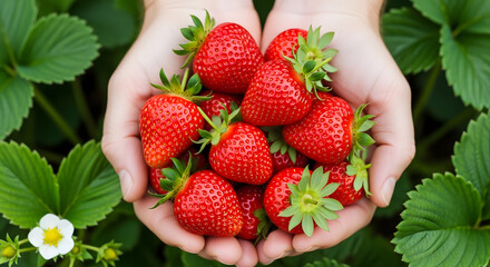 Hands holding a fresh harvest of ripe red strawberries surrounded by green leaves and a small white flower
