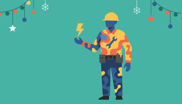 Skilled technician holding power symbol against a festive holiday background