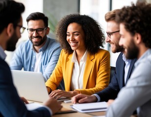 A businesswoman holds a project meeting and works on a laptop in an office among colleagues.