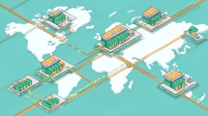 Digital global supply chain in flat design with products moving across world map for e-commerce concepts