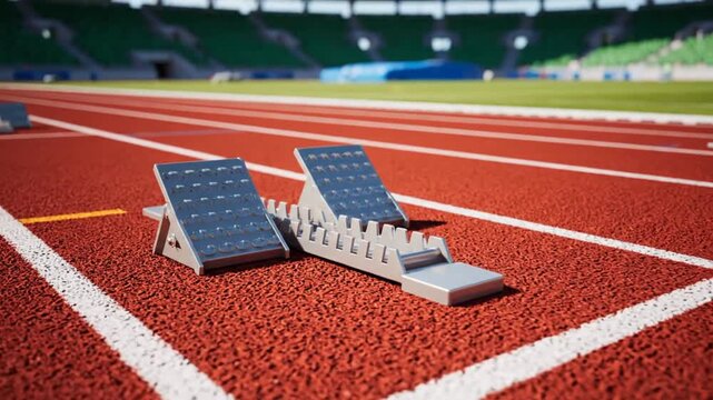 Athletic starting blocks positioned on the starting line of a red running track in an empty stadium.
