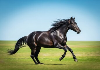 Obraz premium Dynamic, high-resolution technology generated close-up of a powerful wild black stallion galloping at full speed across an open grassy meadow, freedom, close up, vivid