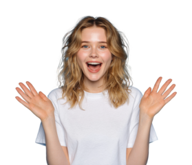 Joyful young woman celebrating happiness portrait isolated on transparent background