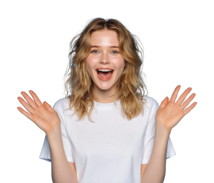 Joyful young woman celebrating happiness portrait isolated on transparent background