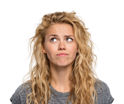 Contemplative woman pondering life choices portrait neutral isolated on transparent background