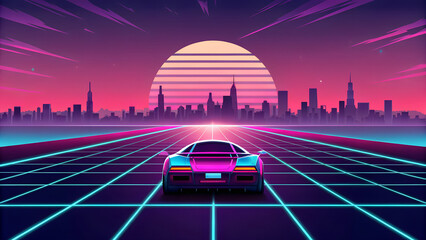 Retro car driving towards cityscape at sunset on a neon grid surface with pink and purple sky