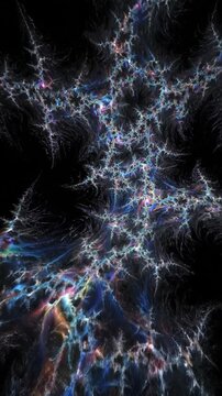 Endless complex fractal structure organically growing and branching outward along a recursive nonlinear pattern against a deep black background complexity, evolution, motion graphics