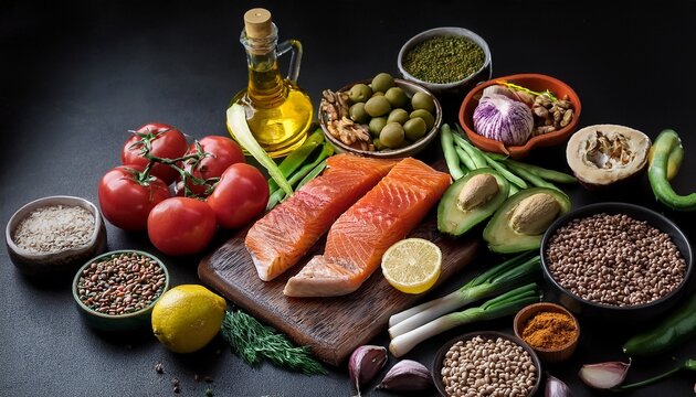 dash flexitarian mediterranean diet ingredients on a dark background healthy vegetarian mediterranean fresh