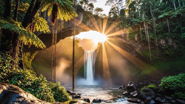 A waterfall cascades down rocks while sunlight filters through trees, creating rays of light. This waterfall and sunlight dramatize the serene beauty of the lush environment.