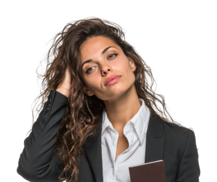 Contemplative business woman with passport portrait isolated on transparent background