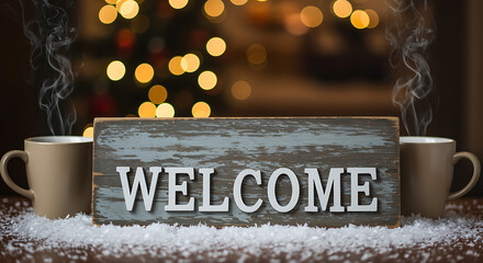 Cozy welcome setting with steaming mugs and festive Christmas lights