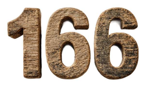 Engaging artistry of rustic wooden number 166 isolated on transparent background