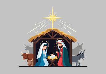 Nativity Scene with Mary Joseph Baby Jesus Star and Animals.