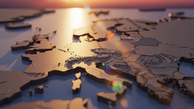 A detailed map of Europe stretches across the scene, reflecting sunlight as the sun sets in the background. This map of Europe highlights the geography and contours clearly.