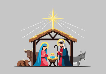 Nativity Scene Illustration with Mary Joseph Baby Jesus and Animals.