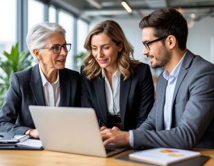 A gray-haired businesswoman in an office on a laptop teaches young colleagues, sharing her experience and skills.